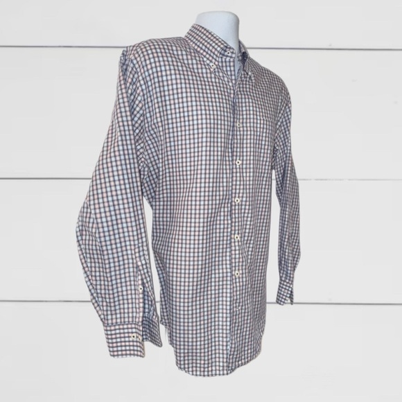 Peter Millar Large Button-Down Shirt | Blue Red Plaid | 100% Cotton - Picture 5 of 8